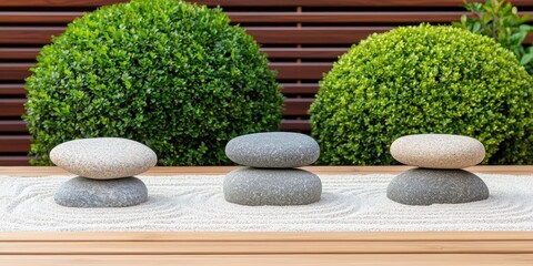 Wellness meditation positivity concept. Three smooth stones balanced on a wooden surface with manicured greenery in the background.