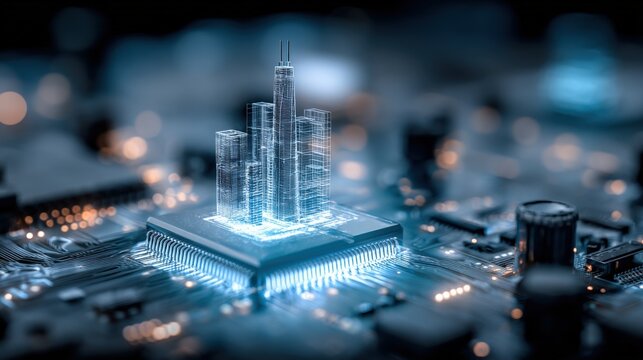 Futuristic Cityscape Hologram on Microchip: Concept of Smart City Technology and Digital Innovation
