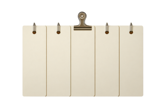 Five blank cream colored paper sheets held by metal clip and clips white beige, Png, Isolated on Transparent Background, Cut Out