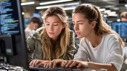 Digital Duo: A dynamic duo of women collaborates, engrossed in the complex world of computer programming, their focused expressions and the digital interface of the modern tech environment. - Powered by Adobe