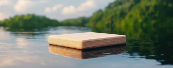 Wellness meditation positivity concept. A floating object on tranquil water surrounded by lush greenery.