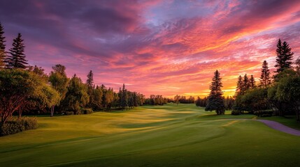 Obraz premium A vibrant sunset over a golf course with lush green grass and tall trees in the background, with a beautiful sky filled with warm colors and a few scattered clouds.