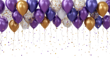 Purple Gold Balloons Confetti Falling Black Background Celebration image, Png, Isolated on Transparent Background, Cut Out