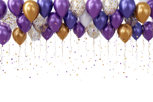 Purple Gold Balloons Confetti Falling Black Background Celebration image, Png, Isolated on Transparent Background, Cut Out