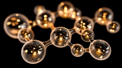 A molecular structure with a golden hue, featuring a central atom surrounded by six smaller spheres, each with a reflective surface, against a black background.