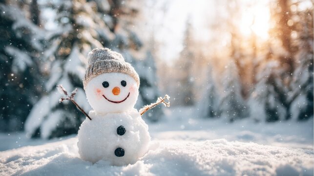 Cheerful Snowman with Knitted Hat Enjoying Winter Sunlight in a Snowy Forest Landscape