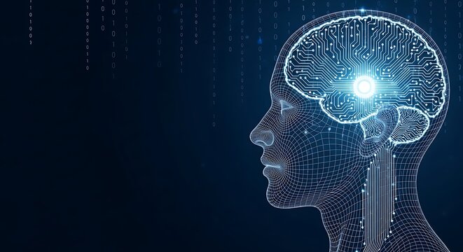 Human Head Wireframe with Circuit Brain