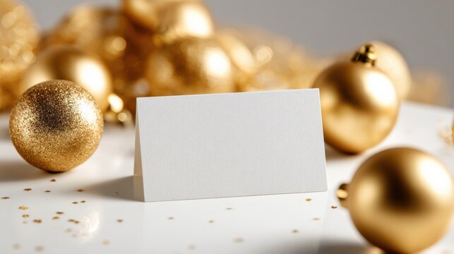 Elegant Christmas Mockup: Gold Ornaments and Blank Card for Festive Greetings and Holiday Promotions