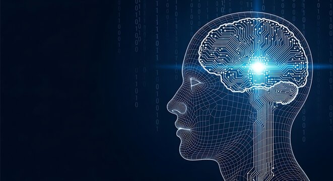 Human Head Wireframe with Circuit Brain