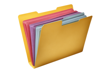 Yellow file folder with colorful dividers and papers on black background document, Png, Isolated on Transparent Background, Cut Out
