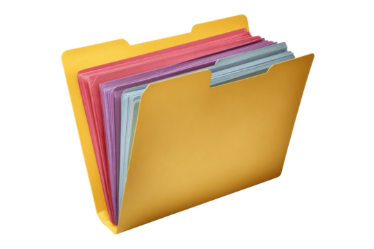 Yellow file folder with colorful dividers and papers on black background document, Png, Isolated on Transparent Background, Cut Out