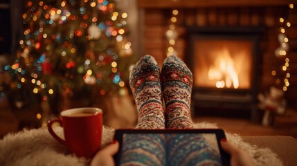Cozy Winter Evening: Feet in Socks by Fireplace with Tablet and Christmas Tree