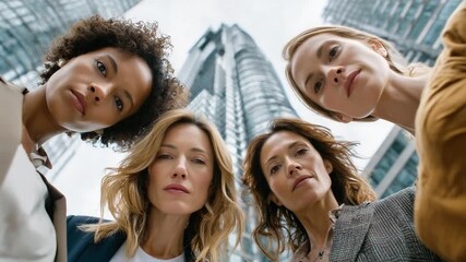 The Ascent of Women Leaders: A powerful perspective of four determined businesswomen. Their gaze fixed toward the future with a backdrop of a city's skyscrapers.