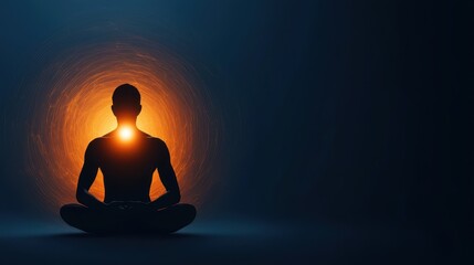 Wellness meditation positivity concept. Silhouette of a meditating figure radiating light in a dark background.