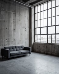 Modern loft interior with large industrial window and grey sofa offering spacious living area