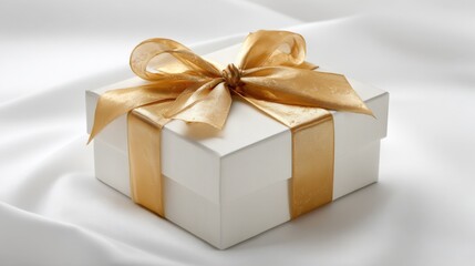 Elegant White Gift Box with Gold Ribbon on Luxurious White Silk Background, Perfect for Celebrations