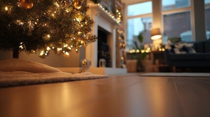 Fototapeta premium Cozy Christmas Living Room with Decorated Tree and Warm Lighting for Festive Holiday Season