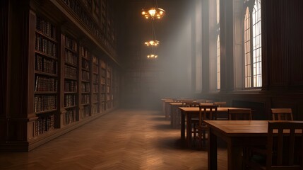 Fototapeta premium Sunbeams filter through mist in a grand historic library filled with towering bookshelves and study tables