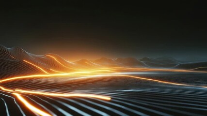 An abstract digital landscape with glowing orange currents flowing across a dark contoured terrain of parallel lines - Powered by Adobe