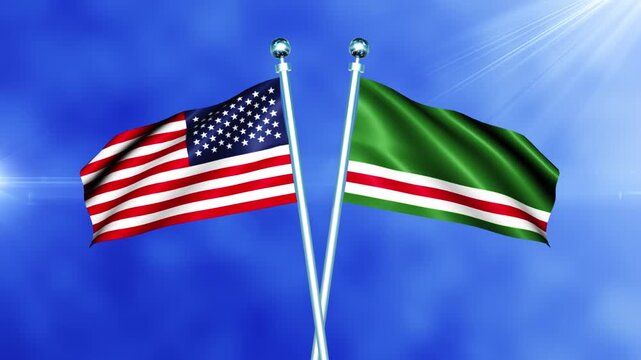 USA and Chechen Republic of Ichkeria Flag Waving On Pole Loop