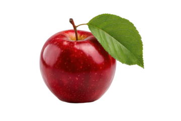 Single shiny red apple with green leaf on black background fruit food 1, Png, Isolated on Transparent Background, Cut Out