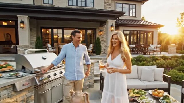 Happy family enjoying summer evening barbecue in luxury backyard with modern outdoor kitchen and seating area golden hour sunlight