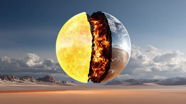 Celestial Harmony: A sphere, a striking illustration of the Earth, divided to reveal the sun's brilliance, representing the core and celestial dynamics - Powered by Adobe