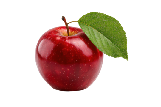 Single shiny red apple with green leaf on black background fruit food 1, Png, Isolated on Transparent Background, Cut Out