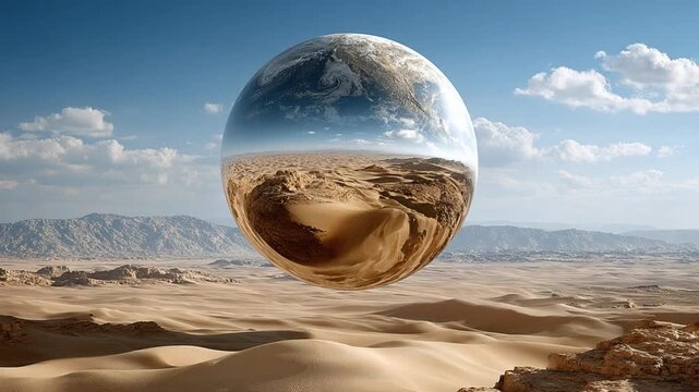 Interdimensional Oasis: A surreal vista of a transparent orb, mirroring two contrasting realms - an arid desert landscape and a vibrant atmosphere of sky, floating serenely against a vast, bright sky.