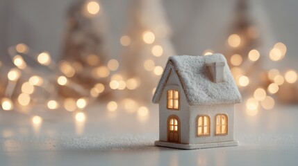 Naklejka premium Festive miniature house with bokeh lights background conveys warmth and holiday cheer, creating a magical ambiance
