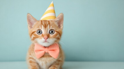 Adorable Ginger Kitten Wearing Party Hat and Bow Tie for a Celebration or Birthday