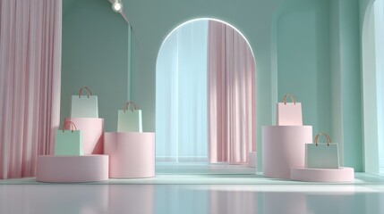 Fototapeta premium Pastel Shopping Bags on Display Podiums with Arched Background in a Fashionable Retail Setting