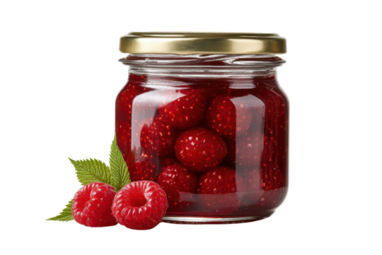 Glass jar filled with red raspberry jam and whole raspberries with green leaves fruit, Png, Isolated on Transparent Background, Cut Out