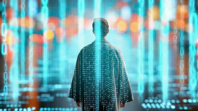 Digital Voyager: A person stands at the edge of the digital world, gazing into a futuristic panorama of binary code and flowing data streams, symbolizing the dawn of a new era.