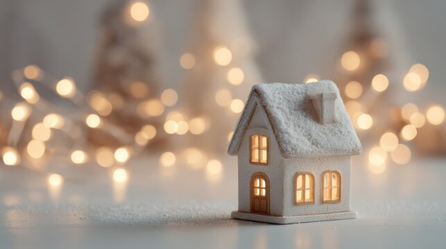 Festive miniature house with bokeh lights background conveys warmth and holiday cheer, creating a magical ambiance