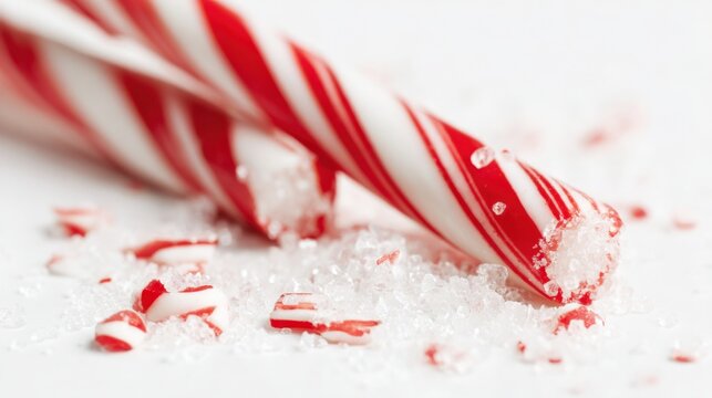 Festive Candy Canes with Crushed Pieces and Sugar Sprinkled on a White Surface - Powered by Adobe