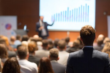Charts. Male speaker giving presentation in hall at university workshop. Audience or conference hall. Rear view of unrecognized participants. Scientific, business conference event, training. Education
