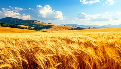 A vast field of ripe golden wheat sways gently in the breeze under a bright blue sky dotted with white clouds, with rolling hills in the distance.