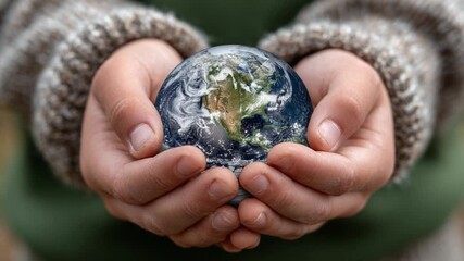 Earth in Tender Hands: The delicate hands of an individual cradle a miniature Earth, conveying a message of care, protection, and responsibility for our shared planet.