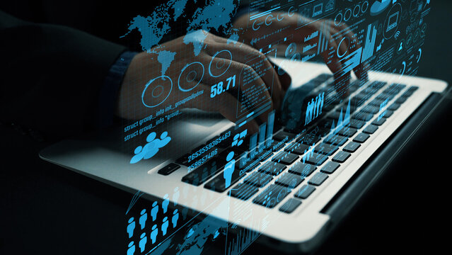 Explore the dynamic world of data communication networks, showcasing hands typing on a laptop, integrating digital analytics and user engagement in contemporary systems. Cipher