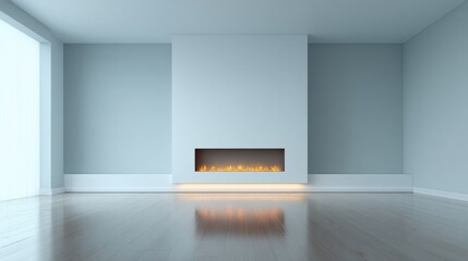 Fototapeta premium Modern Living Room Interior with Minimalist Fireplace, Clean Design and Polished Wooden Floor in a Bright Room