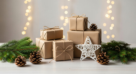 Christmas gift boxes with natural decor on shining bokeh banner. Christmas zero waste, boxing day and winter holiday