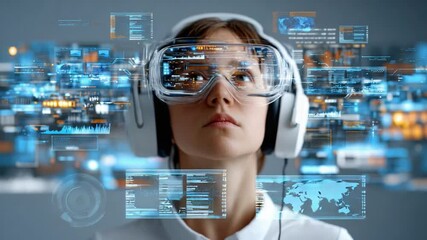 Visionary in Virtual Reality: A woman immersed in a futuristic virtual reality world, wearing a sleek headset and exploring a digital interface with focused determination. - Powered by Adobe