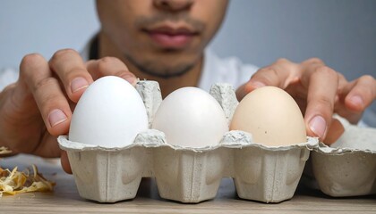 A person reaches for eggs in a carton, close-up with three eggs of varying colors. A few egg shells are in the foreground