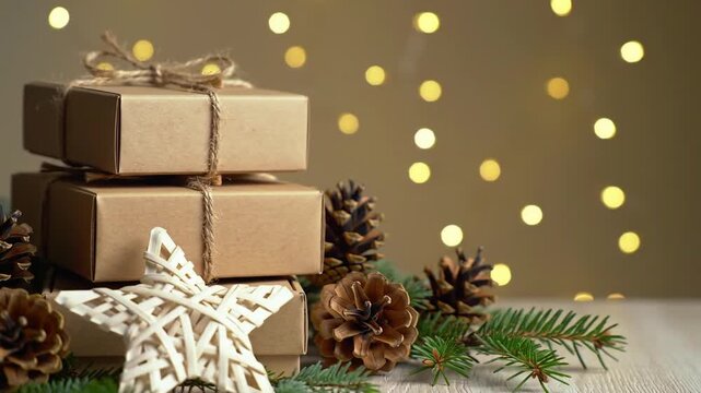 Christmas gift boxes with natural decor on shining bokeh banner. Christmas zero waste, boxing day and winter holiday