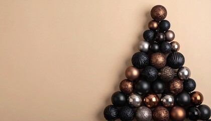 Minimalist Christmas background featuring black, brown and silver baubles in the shape of a Christmas tree set against a soft pink backdrop with ample copy space