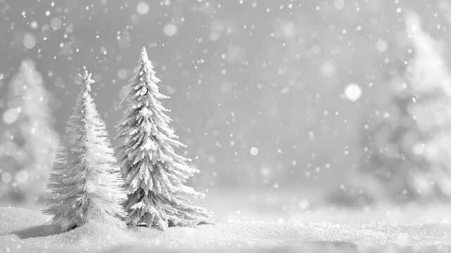 Two white trees are in the snow. The snow is falling on the ground. The trees are in the foreground. Pure white christmas theme background, peaceful snowy tone