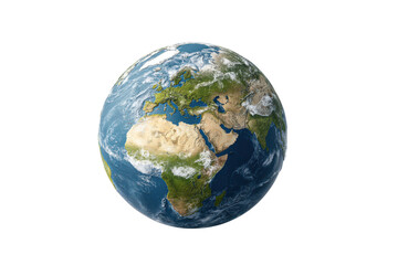 Fototapeta premium Realistic Earth globe showing continents Africa Europe Asia with clouds and oceans planet world, Png, Isolated on Transparent Background, Cut Out