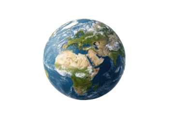 Realistic Earth globe showing continents Africa Europe Asia with clouds and oceans planet world, Png, Isolated on Transparent Background, Cut Out