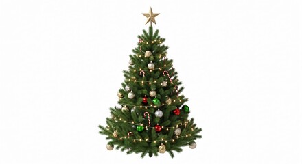 Fototapeta premium Festive Christmas Tree with Golden Star and Ornaments on White Background